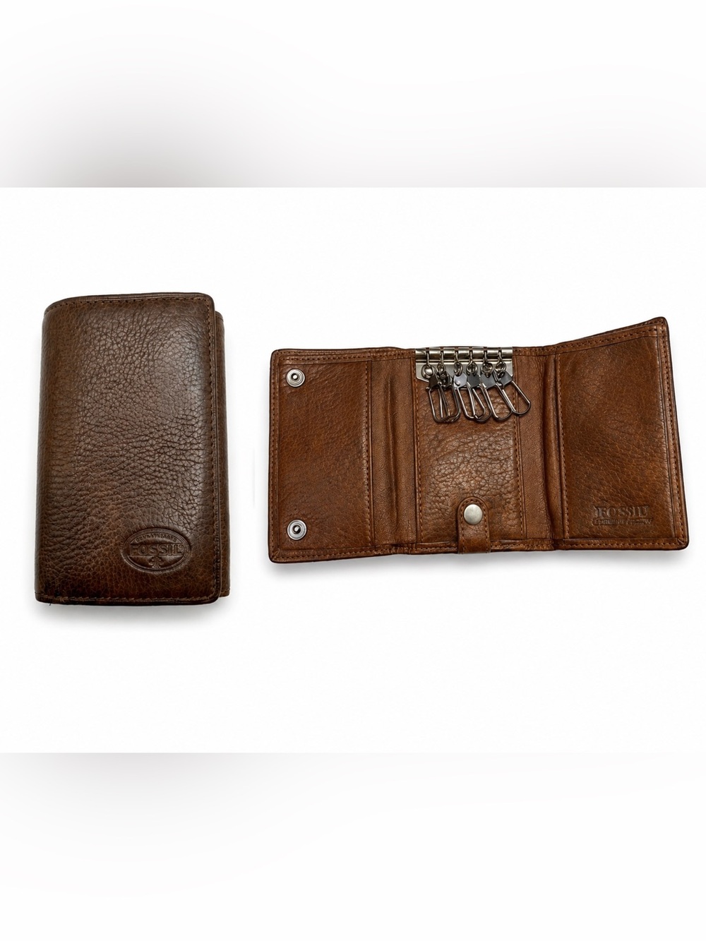 leather Fossil tri-fold key holder wallet featuring six metal key hooks.